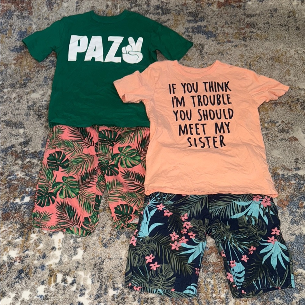 The Children’s Place: Kid Tropical Sets - Green and Peach (Size: 10/12)